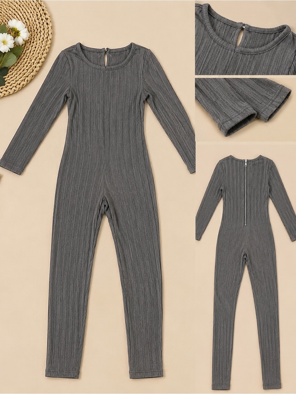 Children's Ribbed Long Sleeve One-Piece - black